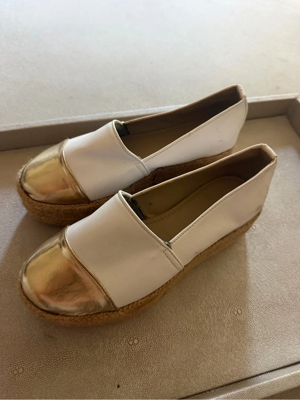 White & Gold Espadrille Platform Slip-On Flats